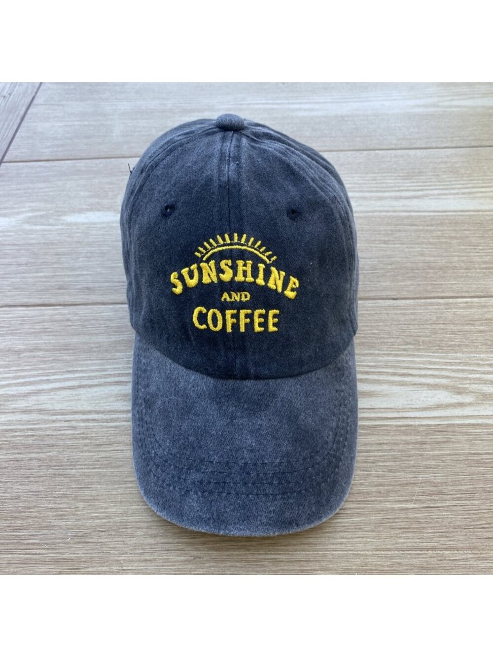 Sunshine & Coffee Baseball Cap Adjustable Strap Hat Embroidered Black Denim
